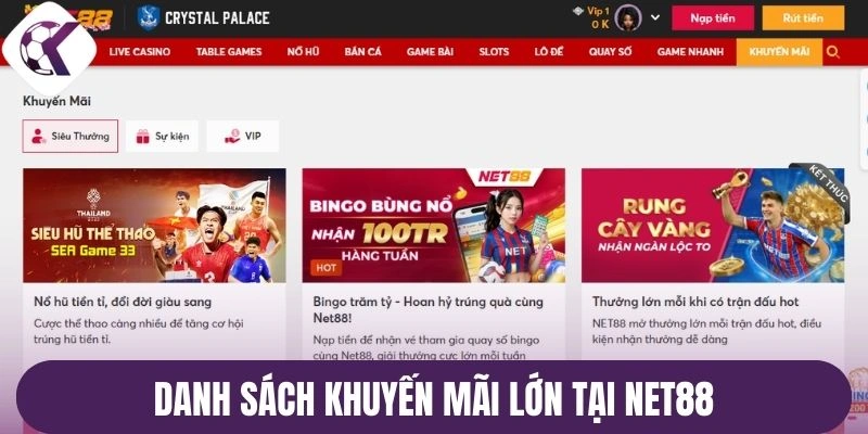 Danh sách khuyến mãi lớn tại Net88
